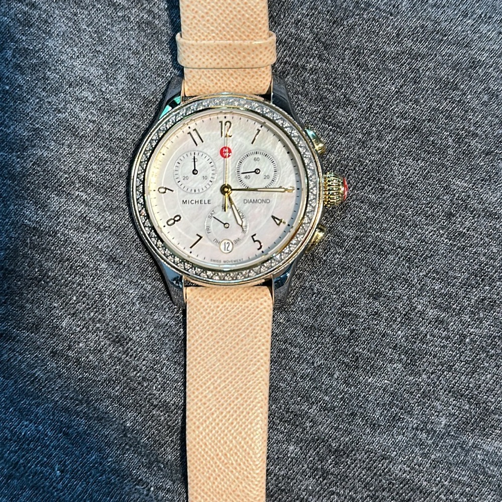 Michele Silver and Gold Chronograph Watch with Diamonds.
